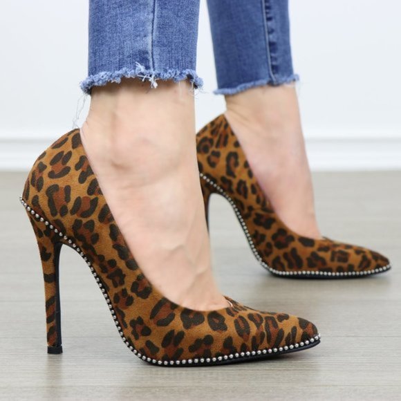Leopard Vegan Suede High Heel Pumps With Studs - Picture 5 of 6